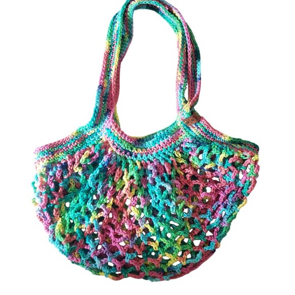 Handmade Handbags - Handmade Crochet Mesh Market Bag Cotton Boho Reusuable Bold Bright Beachy Fun